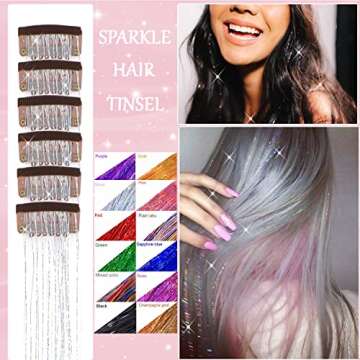 AIAIZHQH 23.6Inch Clip in Hair Tinsel Kit, Silver Hair Tinsel Heat Resistant Fairy Hair Tinsel Clip in Glitter Hair Extensions, Tinsel Hair Sparkles Festival Hair Accessories for Women Girls (Silver)