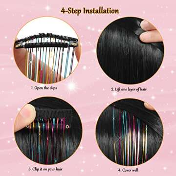 AIAIZHQH 23.6Inch Clip in Hair Tinsel Kit, Silver Hair Tinsel Heat Resistant Fairy Hair Tinsel Clip in Glitter Hair Extensions, Tinsel Hair Sparkles Festival Hair Accessories for Women Girls (Silver)