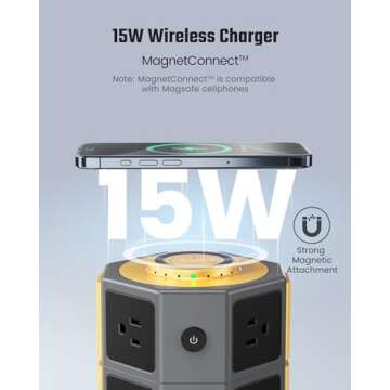 SUPERDANNY Power Strip Tower with 15W Wireless Charger, 6.5Ft Retractable Extension Cord, 1050J Surg...