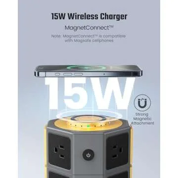 SUPERDANNY Power Strip Tower with 15W Wireless Charger, 6.5Ft Retractable Extension Cord, 1050J Surg...