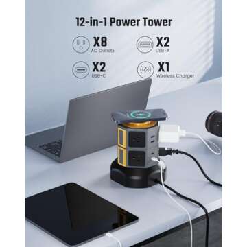 SUPERDANNY Power Strip Tower with Wireless Charger