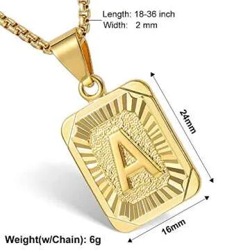 Hermah Gold Plated Square Capital Initial Letter M Charm Pendant Necklace for Men Women Box Steel Chain 22inch Link
