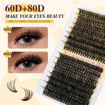 QUEWEL DIY Lash Extension Kit, 320Pcs 60D+80D Lash Clusters Kit Mix 12-18mm 3D Eyelash Clusters with Lash Bond and Seal and Lash Tweezers Easily Create 3D Lashes Clusters at Home (60+80D Kit)