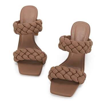 Syktkmx Women's Braided Heeled Sandals Backless Square Open Toe Block Slide Sandals, Light Coffee, Size 7