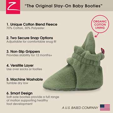 Zutano Unisex Fleece Baby Booties with Organic Cotton Lining, Newborn Essentials, Olive, 3 Months