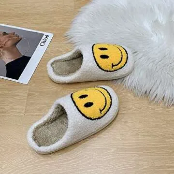 PLMOKN Slippers for women indoor and outdoor men open toe fluffy cute Smile face slippers,B-白色39/40