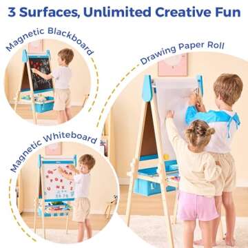 Belleur All-in-One Art Easel for Kids with 2 Paper Rolls & Deluxe Accessories, Adjustable Magnetic Double Sided Whiteboard & Chalkboard, Painting Kid Easel for Toddlers 2-8, Ideal Christmas Gift