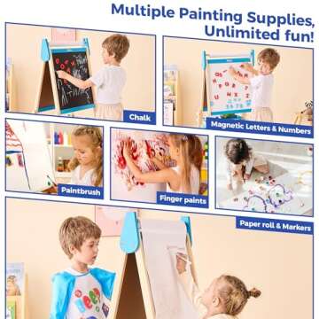 Belleur All-in-One Art Easel for Kids with 2 Paper Rolls & Deluxe Accessories, Adjustable Magnetic Double Sided Whiteboard & Chalkboard, Painting Kid Easel for Toddlers 2-8, Ideal Christmas Gift