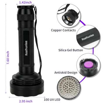 REALHUNLEE UV Flashlight Black Light, 100 LED Blacklight Flashlite Dry Pet Dog/Cat Urine Stains Detector, Bed Bug, Resin Curing, Scorpions Finder