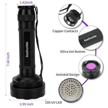 REALHUNLEE UV Flashlight Black Light, 100 LED Blacklight Flashlite Dry Pet Dog/Cat Urine Stains Detector, Bed Bug, Resin Curing, Scorpions Finder