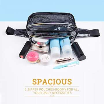 Grid Clear Fanny Pack, Fanny Packs for Women Fahsion, Waterproof Girls Waist Bags, Cute Men Clear Bag Transparent Hip Bum Belt Pouch for Travel Festival (Black Clear Fanny Pack)