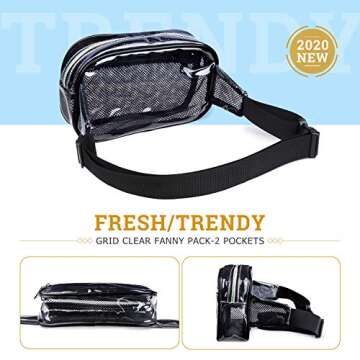 Grid Clear Fanny Pack, Fanny Packs for Women Fahsion, Waterproof Girls Waist Bags, Cute Men Clear Bag Transparent Hip Bum Belt Pouch for Travel Festival (Black Clear Fanny Pack)
