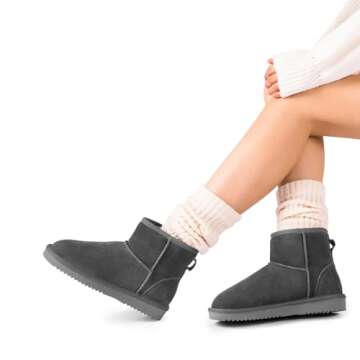 DREAM PAIRS Snow Boots for Women Genuine Suede Faux Fur Lining Water Resistant Anti-Slip Warm Winter Booties Slip On Memory Foam Comfort Ankle Boots FuzzyClassicⅡ Low Boots,Size 7,Grey,SDSB2432W