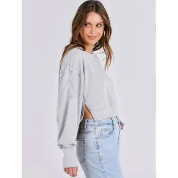 ANRABESS Womens Cropped Oversized Sweatshirts Crewneck Long Sleeve Pullover 2024 Fall Teen Girls Y2K Fashion Crop Tops Gray Medium