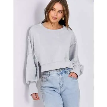 ANRABESS Womens Cropped Oversized Sweatshirts Crewneck Long Sleeve Pullover 2024 Fall Teen Girls Y2K Fashion Crop Tops Gray Medium