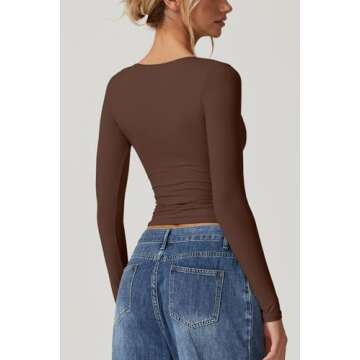 QINSEN Womens Fall Tops Long Sleeve Sexy V Neck Tee Shirt Double Lined Going Out Tops Coffee Bean S