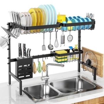 MERRYBOX Over The Sink Dish Drying Rack Adjustable Length (25-33in), 2 Tier Dish Rack Over Sink with...