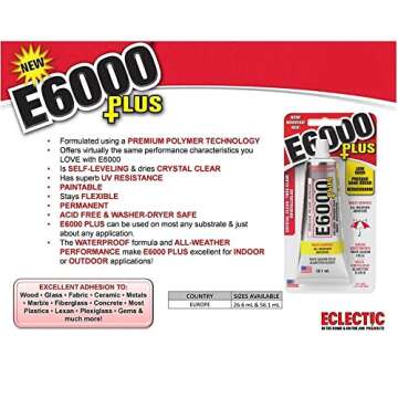 Eclectic Products inc. E6000 Plus Multi-purpose Clear Glue, Waterproof and Paintable, Strong Flexible Craft Adhesive for Wood, Glass, Fabric, Ceramic, Metal and More, 56.1ml