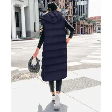 BTFBM Long Puffer Vest Women Quilted Hooded Button Down Zip Up Sleeveless Vests Outerwear Padded Jacket Fall Winter Coat(Navy, Medium)