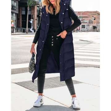 BTFBM Long Puffer Vest Women Quilted Hooded Button Down Zip Up Sleeveless Vests Outerwear Padded Jacket Fall Winter Coat(Navy, Medium)