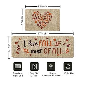 Fall Kitchen Rug I Love Fall Most of All Kitchen Mats Set of 2, Autumn Leaves Heart Farmhouse Party Floor Mat for Home Kitchen Bathroom Decorations - 17x27 and 17x47 Inch