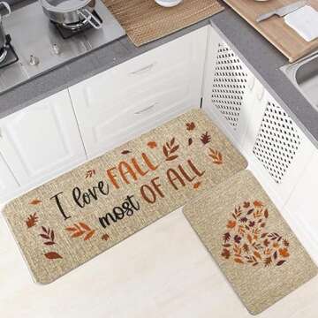 Fall Kitchen Rug I Love Fall Most of All Kitchen Mats Set of 2, Autumn Leaves Heart Farmhouse Party Floor Mat for Home Kitchen Bathroom Decorations - 17x27 and 17x47 Inch