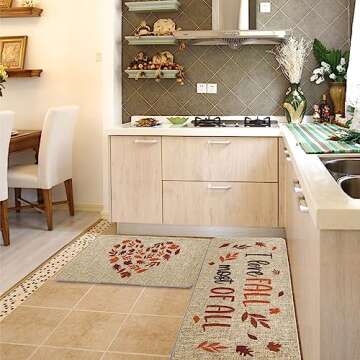 Fall Kitchen Rug I Love Fall Most of All Kitchen Mats Set of 2, Autumn Leaves Heart Farmhouse Party Floor Mat for Home Kitchen Bathroom Decorations - 17x27 and 17x47 Inch