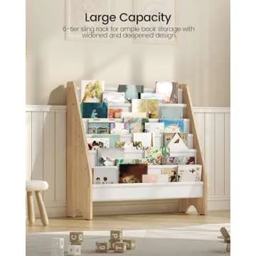 CHOEZON 6-Tier Kids Bookshelf, Sling Kids Bookcase, Magazine and Book Storage Rack, Large Capacity Book Organizer, Book Shelf for Kids Room, Bedroom, Nursery, Playroom, White and Natural MCW07WB