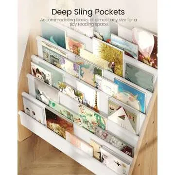 CHOEZON 6-Tier Kids Bookshelf, Sling Kids Bookcase, Magazine and Book Storage Rack, Large Capacity Book Organizer, Book Shelf for Kids Room, Bedroom, Nursery, Playroom, White and Natural MCW07WB