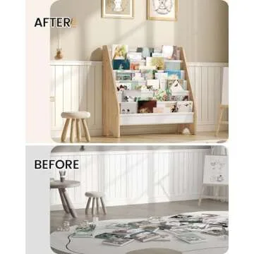 CHOEZON 6-Tier Kids Bookshelf, Sling Kids Bookcase, Magazine and Book Storage Rack, Large Capacity Book Organizer, Book Shelf for Kids Room, Bedroom, Nursery, Playroom, White and Natural MCW07WB
