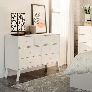 Prepac Milo Mid-Century Modern 7 Drawer Double Dresser for Bedroom, Wide Chest of Drawers, Contemporary Bedroom Furniture, 16" D x 52.5" W x 33.75" H, White, WDBR-1407-1