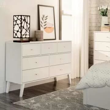 Prepac Milo Mid-Century Modern 7 Drawer Double Dresser for Bedroom, Wide Chest of Drawers, Contemporary Bedroom Furniture, 16" D x 52.5" W x 33.75" H, White, WDBR-1407-1