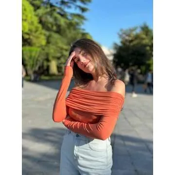 HOTOUCH Cold Shoulder Tops for Women Western Sexy Shirts Off The Shoulder Long Sleeve Top Night Out Tops Cute Tops Y2k Basic Fitted Blouse Spring Blouses Caramel