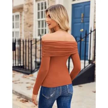HOTOUCH Cold Shoulder Tops for Women Western Sexy Shirts Off The Shoulder Long Sleeve Top Night Out Tops Cute Tops Y2k Basic Fitted Blouse Spring Blouses Caramel