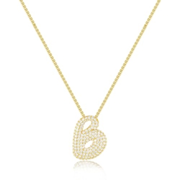 KissYan Bubble Letter Necklace - 14K Gold Plated Initial Pendant with CZ Sparkle