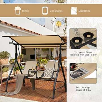 Tangkula 2 Person Porch Swing, Outdoor Swing with Tempered Glass Table, 2 Cup Holder, Patio Swing with Adjustable Canopy for Garden, Porch, Backyard Beige