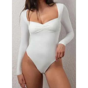 CHYRII Womens Sexy Square V Neck Bodysuit Tops Fall Fashion Long Sleeve Going Out Tops White XS