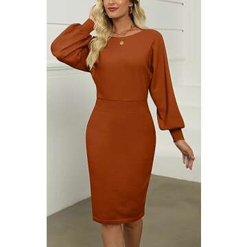 MIROL Women's Casual Long Puff Sleeve Solid Bodycon Midi Dress Rust