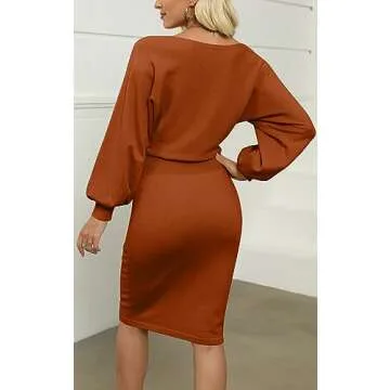 MIROL Women's Casual Bodycon Midi Dress with Puff Sleeves