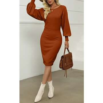 MIROL Women's Casual Bodycon Midi Dress with Puff Sleeves
