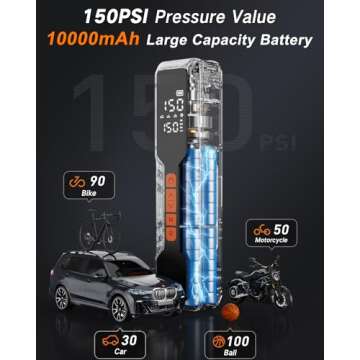 Tire Inflator Portable Air Compressor - 4X Air Pump for Car Tires, 150PSI&10000mAh Portable Tire Inf...