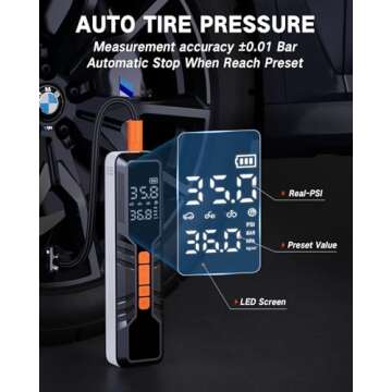 Tire Inflator Portable Air Compressor - 4X Air Pump for Car Tires, 150PSI&10000mAh Portable Tire Inflator for Car, 12DC Air Pump with Pressure Gauge/LED Light, Bike/Motorcycle/Ball/Car Accessories