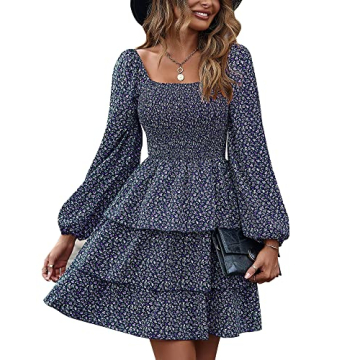 BTFBM Women Square Neck Smocked Dresses 2024 Summer Fall Long Sleeve Floral Swiss Dot Ruffle Party M...