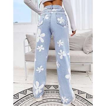 Floerns Women's Floral Print High Waist Straight Leg Jeans Workout Denim Pants Light Blue S