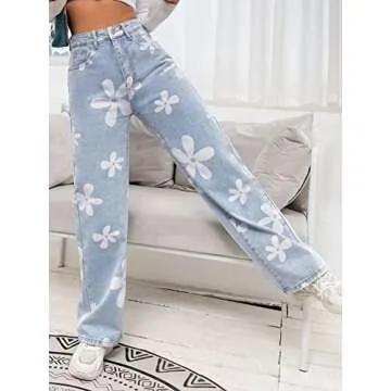 Floerns Women's Floral Print High Waist Straight Leg Jeans Workout Denim Pants Light Blue S