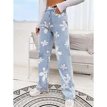 Floerns Women's Floral Print High Waist Straight Leg Jeans Workout Denim Pants Light Blue S