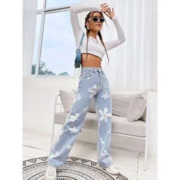 Floerns Women's Floral Print High Waist Straight Leg Jeans Workout Denim Pants Light Blue S