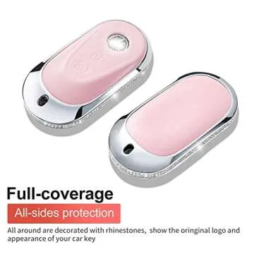 RUABIBAN Compatible with Mercedes Benz Key Fob Cover with Keychain, Pink Genuine Leather Crystal Key Case Protection Shell Fit for 2020 2021 2022 Mercedes Benz S G E Class Smart Remote Key