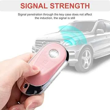 RUABIBAN Compatible with Mercedes Benz Key Fob Cover with Keychain, Pink Genuine Leather Crystal Key Case Protection Shell Fit for 2020 2021 2022 Mercedes Benz S G E Class Smart Remote Key