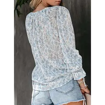 Dokotoo Womens Boho Tops and Blouses V Neck Floral Printed Long Sleeve Ladies Summer Chiffon Shirts with Drawstring Medium Sky Blue
